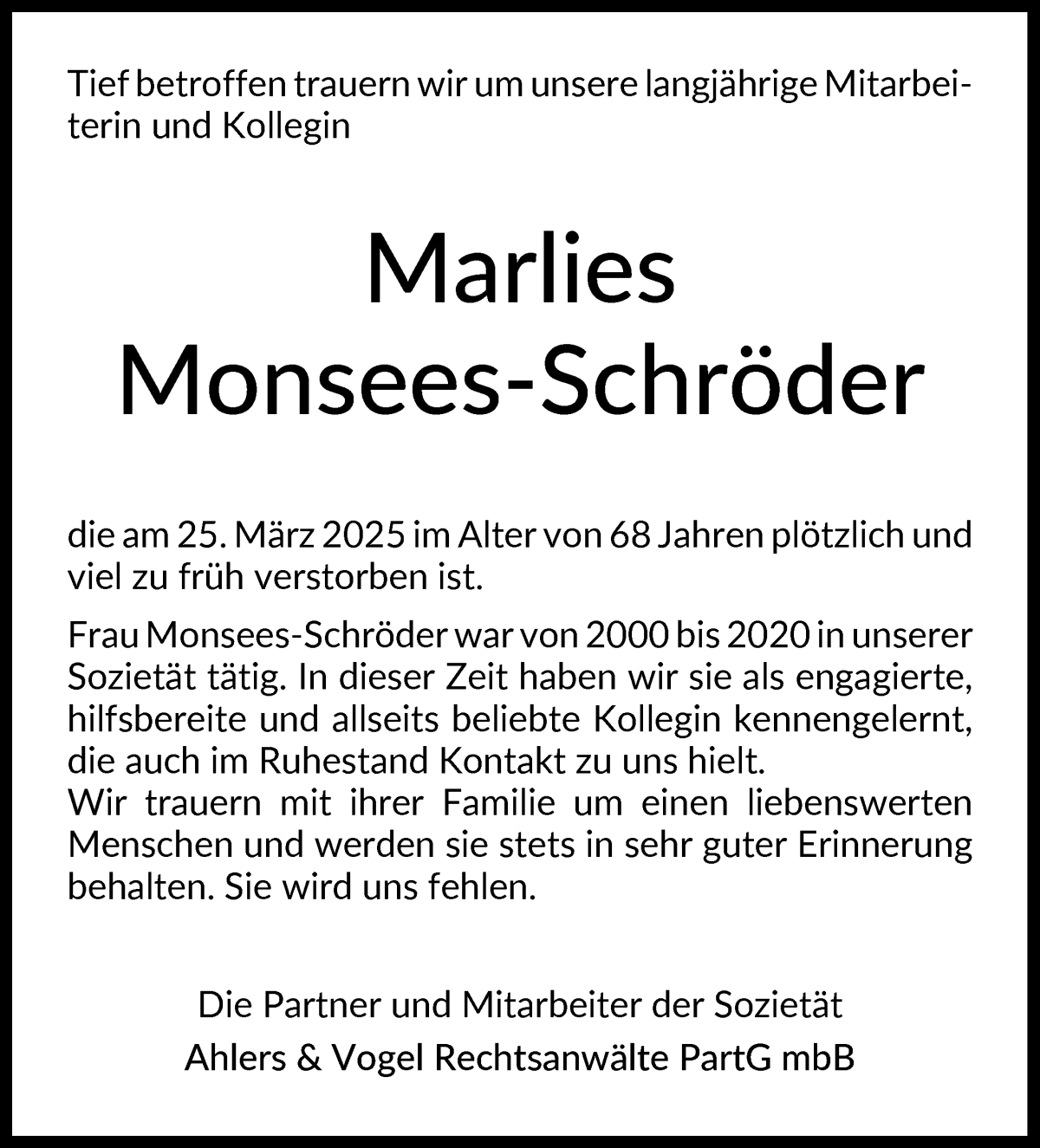 Traueranzeige von Marlies Monsees-Schröder von WESER-KURIER