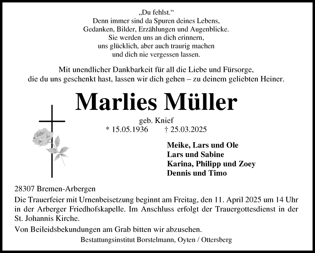 Traueranzeige von Marlies Müller von WESER-KURIER