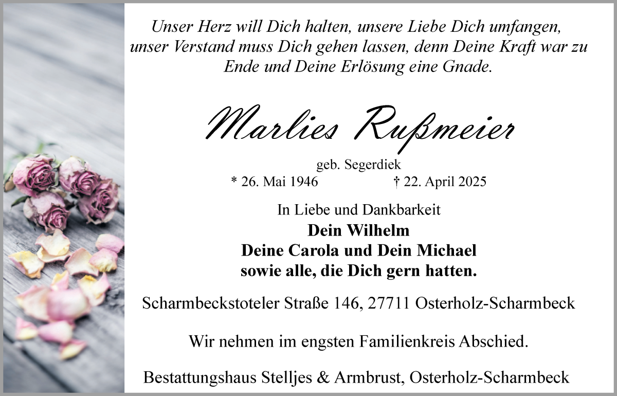 Traueranzeige von Marlies Rußmeier von Osterholzer Kreisblatt