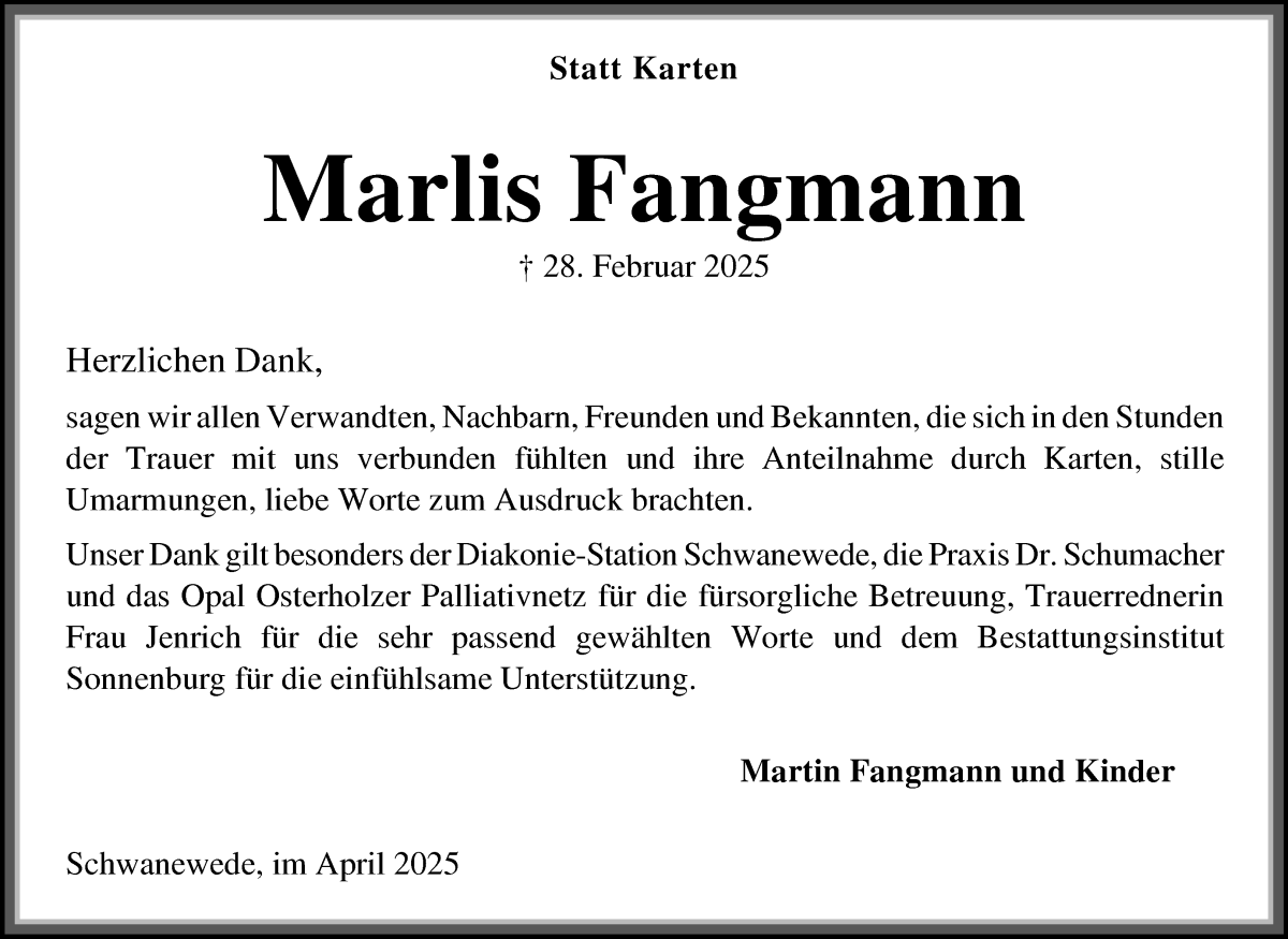 Traueranzeige von Marlis Fangmann von Die Norddeutsche