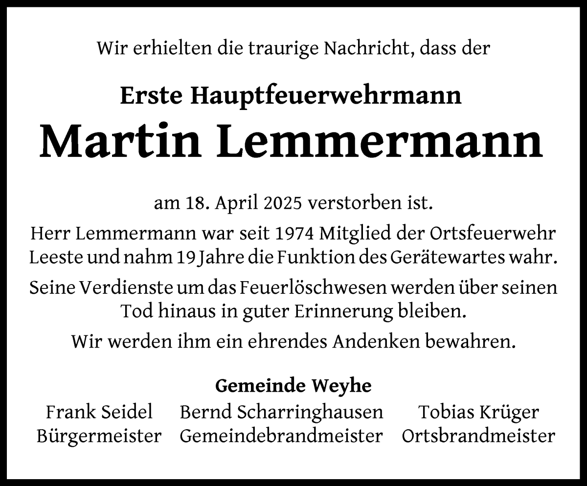 Traueranzeige von Martin Lemmermann von Regionale Rundschau/Syker Kurier