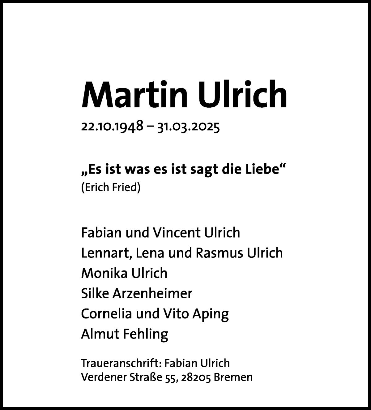 Traueranzeige von Martin Ulrich von WESER-KURIER
