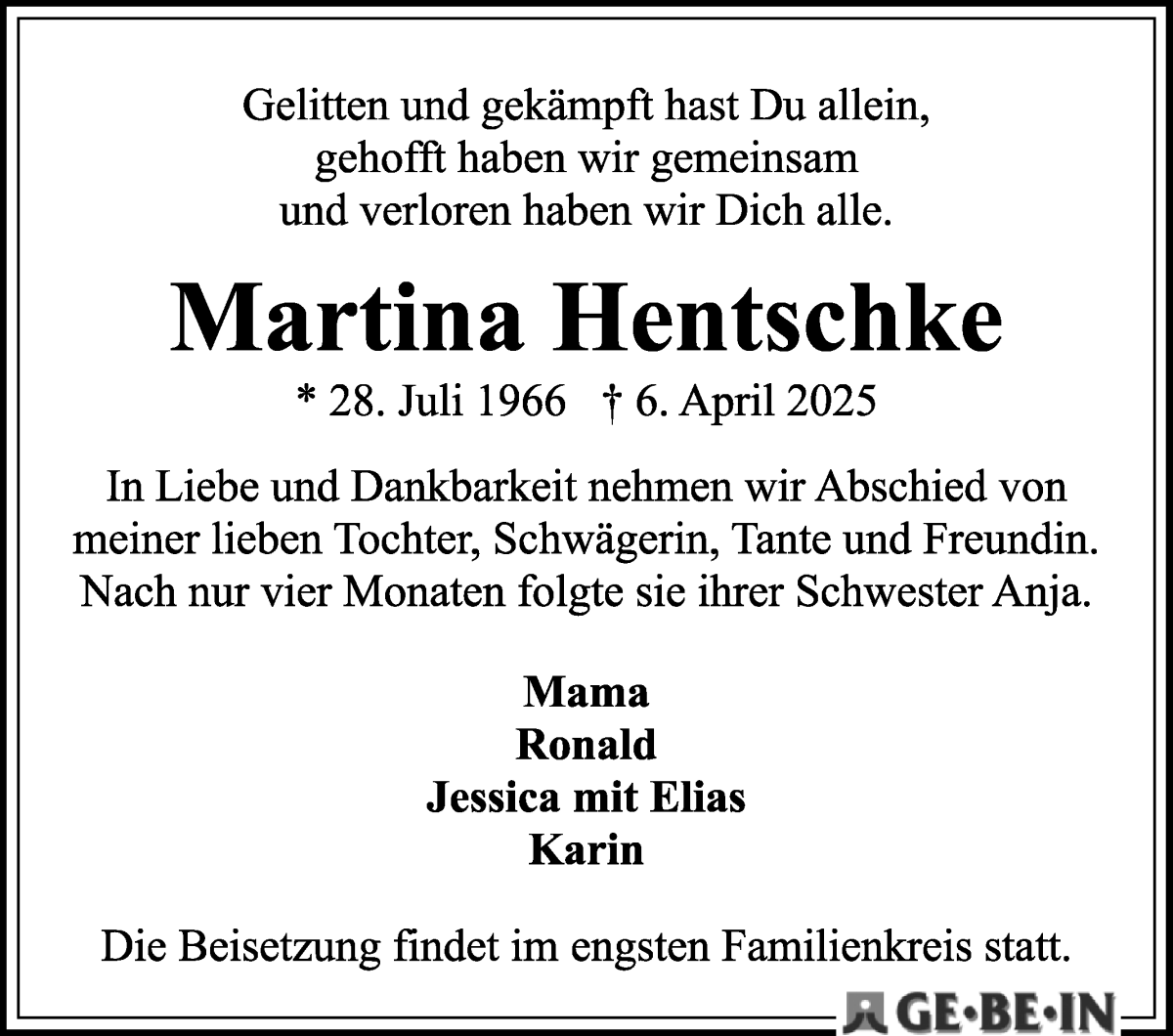 Traueranzeige von Martina Hentschke von WESER-KURIER