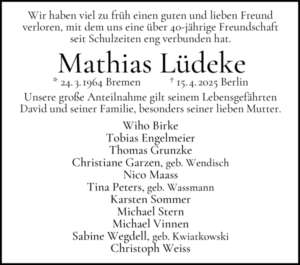 Traueranzeige von Mathias Lüdeke von WESER-KURIER