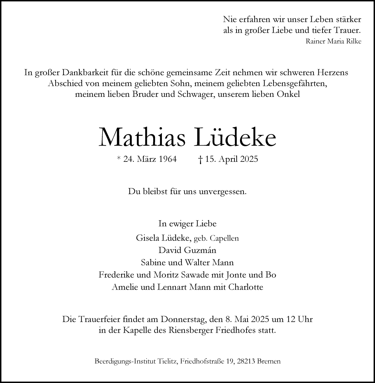 Traueranzeige von Mathias Lüdeke von WESER-KURIER