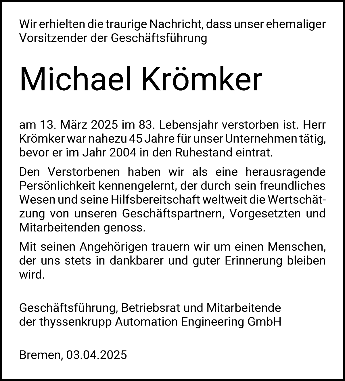 Traueranzeige von Michael Krömker von WESER-KURIER