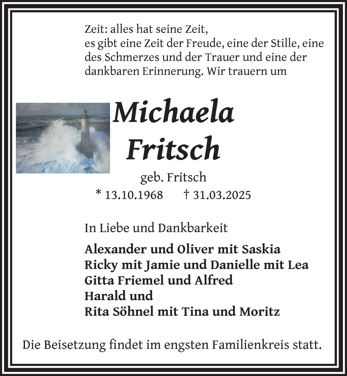Traueranzeige von Michaela Fritsch von WESER-KURIER