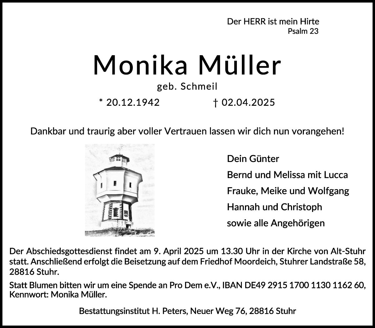 Traueranzeige von Monika Müller von Regionale Rundschau/Syker Kurier