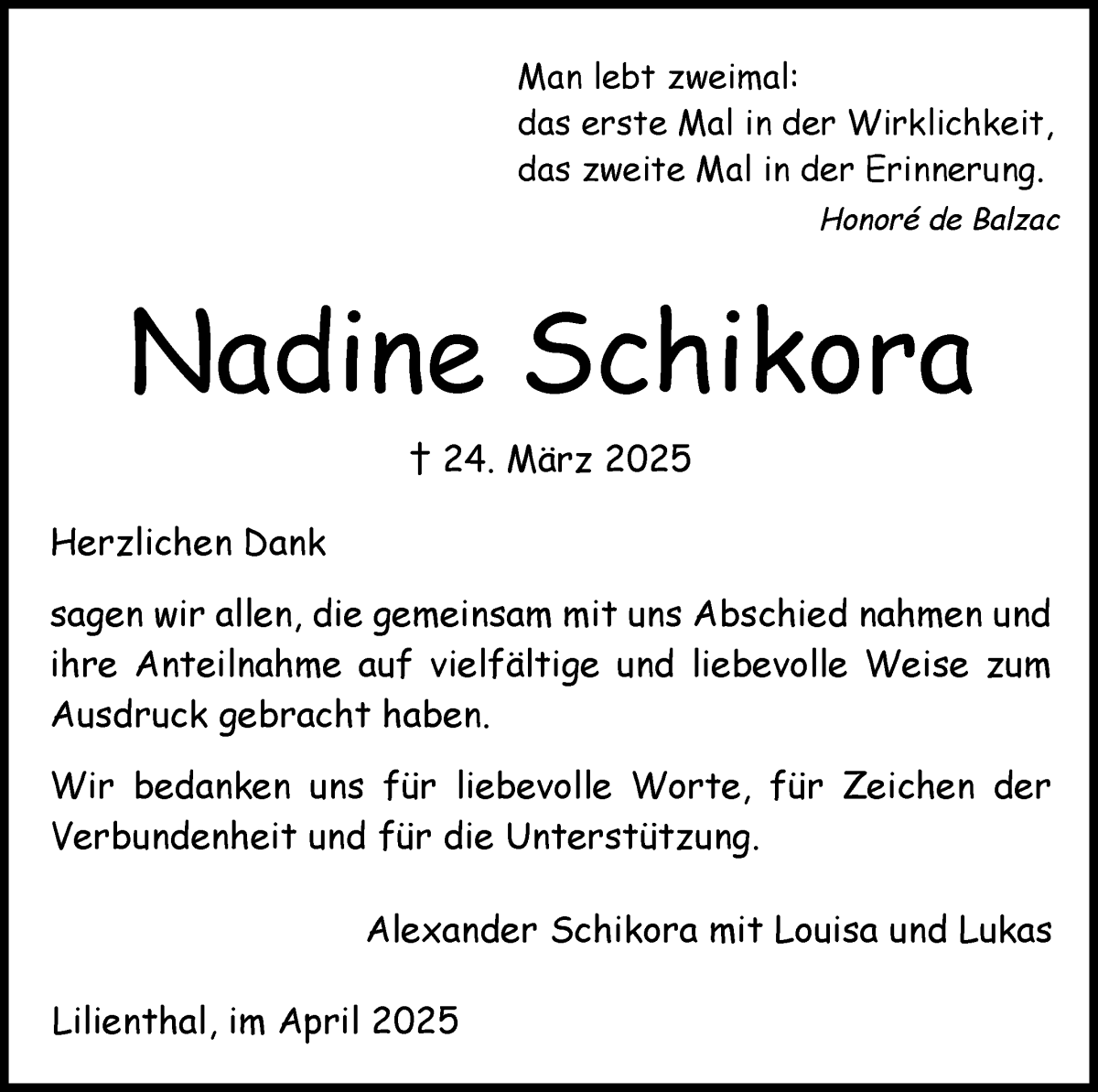 Traueranzeige von Nadine Schikora von Wuemme Zeitung