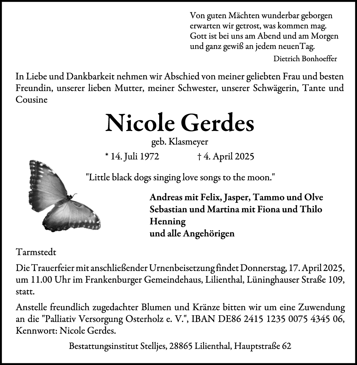 Traueranzeige von Nicole Gerdes von Wuemme Zeitung