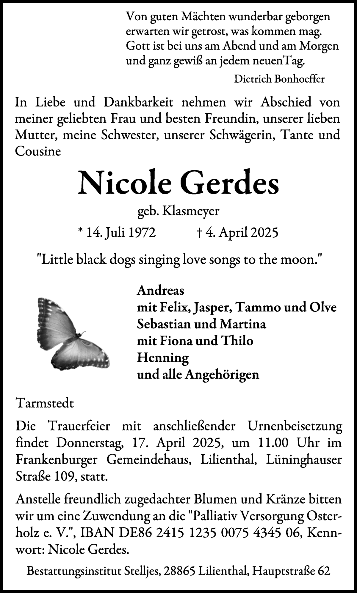 Traueranzeige von Nicole Gerdes von WESER-KURIER