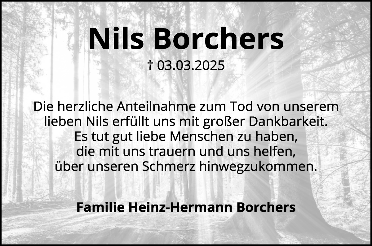 Traueranzeige von Nils Borchers von Regionale Rundschau/Syker Kurier