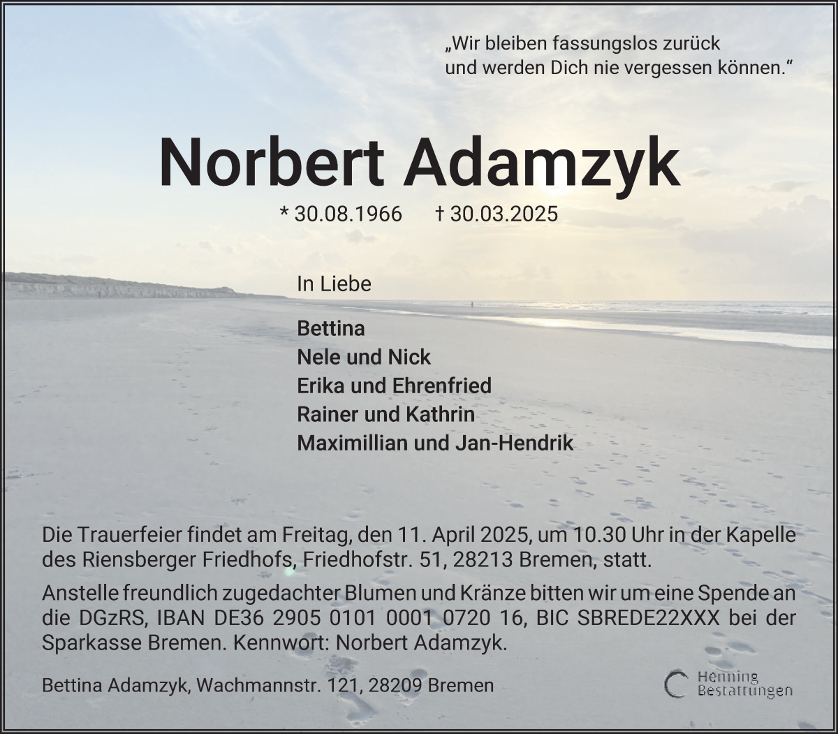 Traueranzeige von Norbert Adamzyk von WESER-KURIER