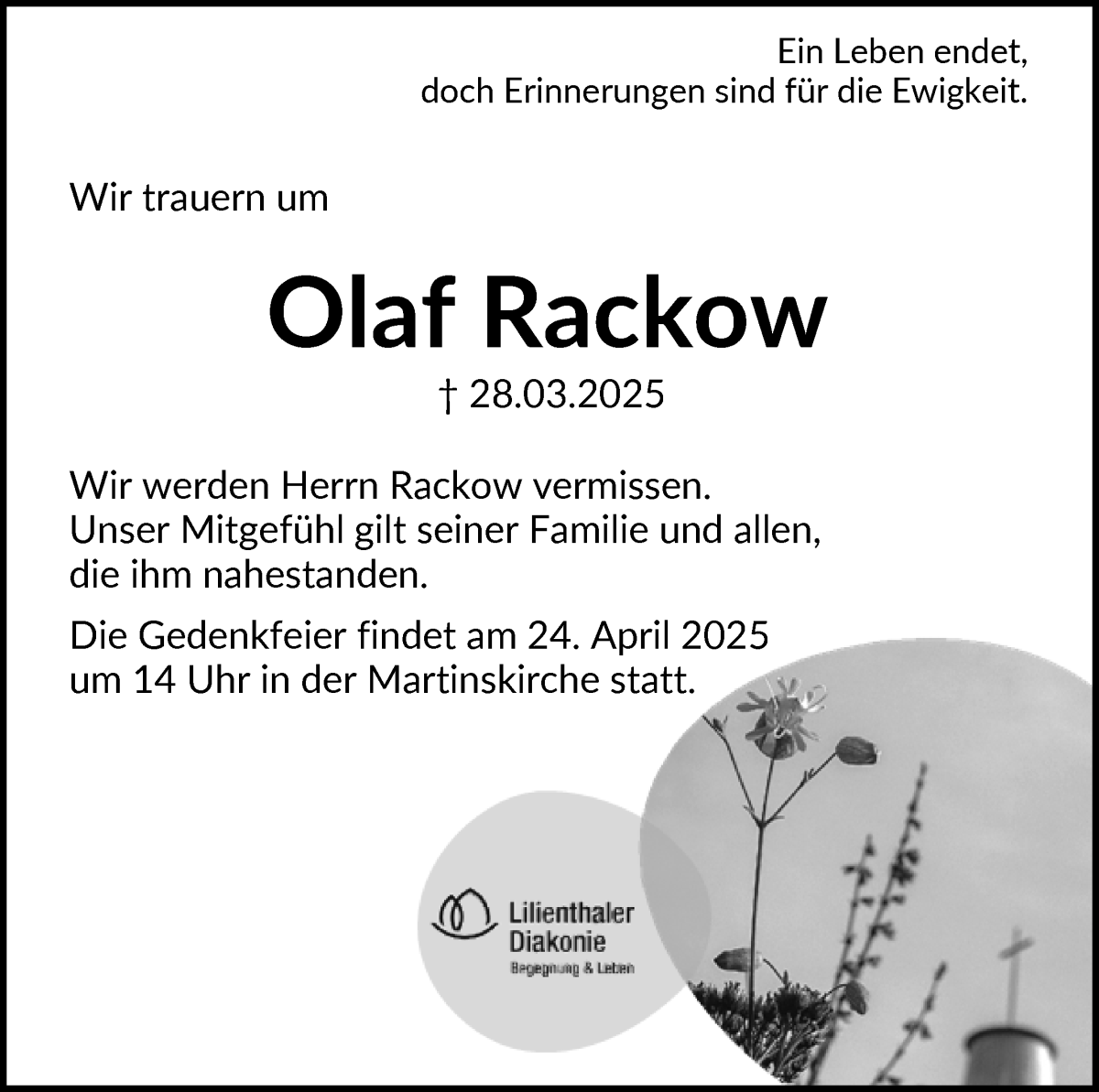 Traueranzeige von Olaf Rackow von Wuemme Zeitung