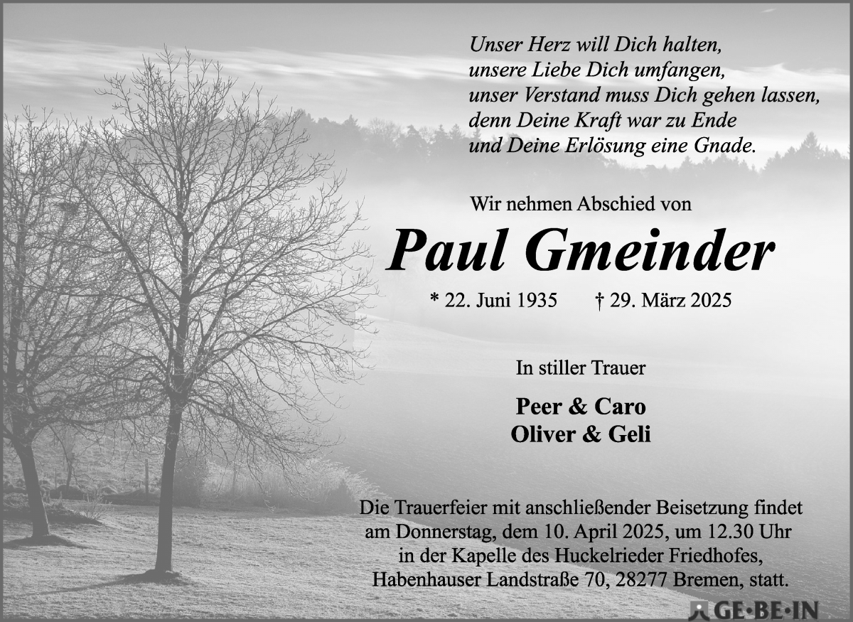 Traueranzeige von Paul Gmeinder von WESER-KURIER