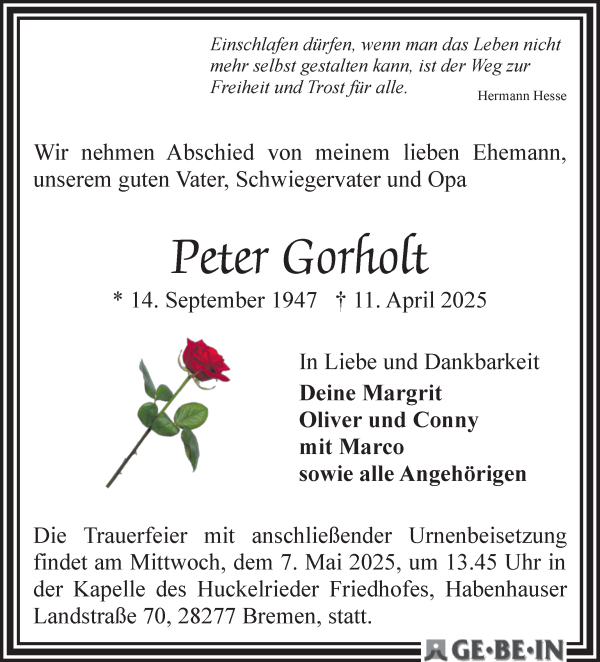 Traueranzeige von Peter Gorholt von WESER-KURIER