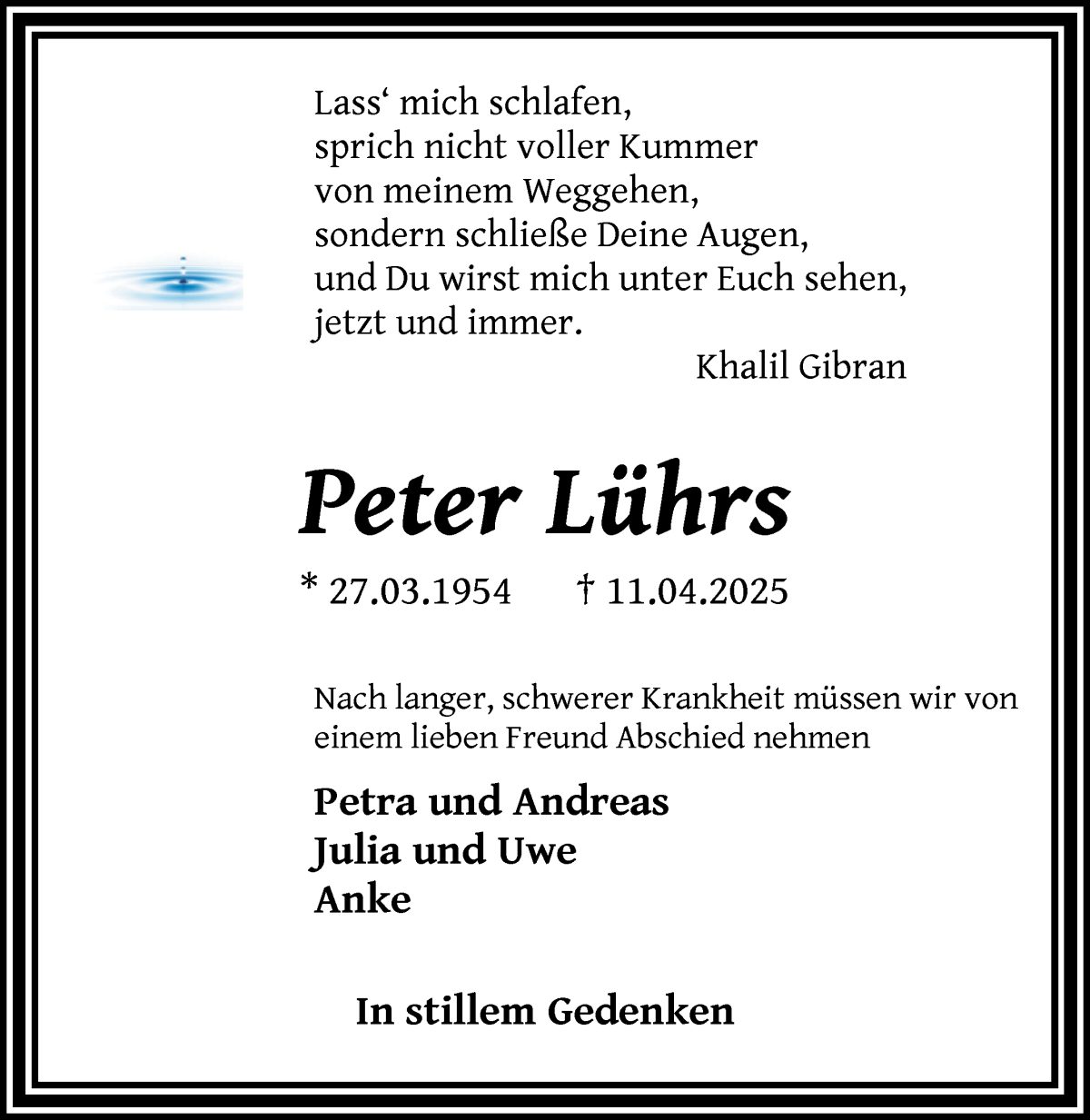 Traueranzeige von Peter Lührs von Die Norddeutsche