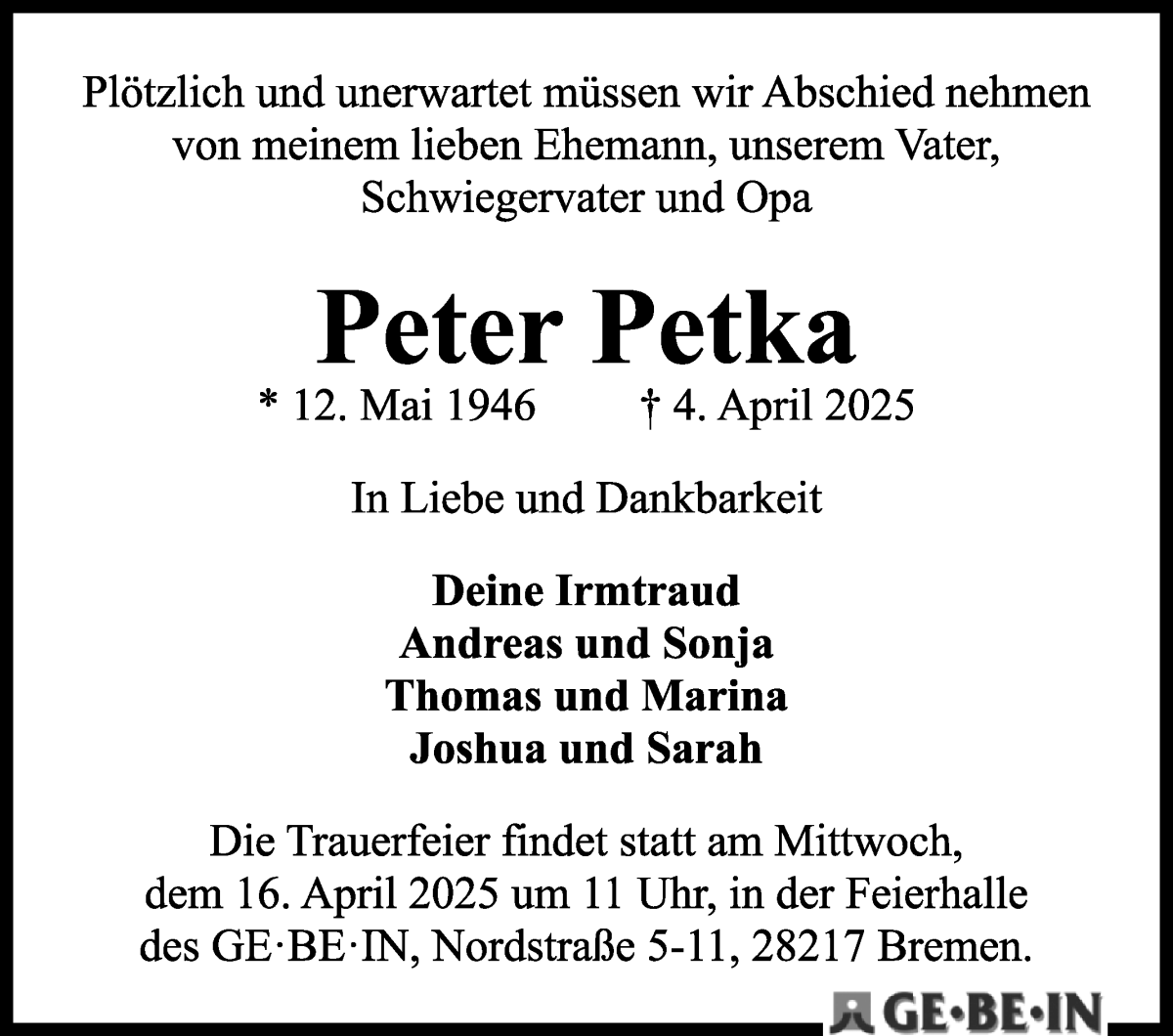 Traueranzeige von Peter Petka von WESER-KURIER
