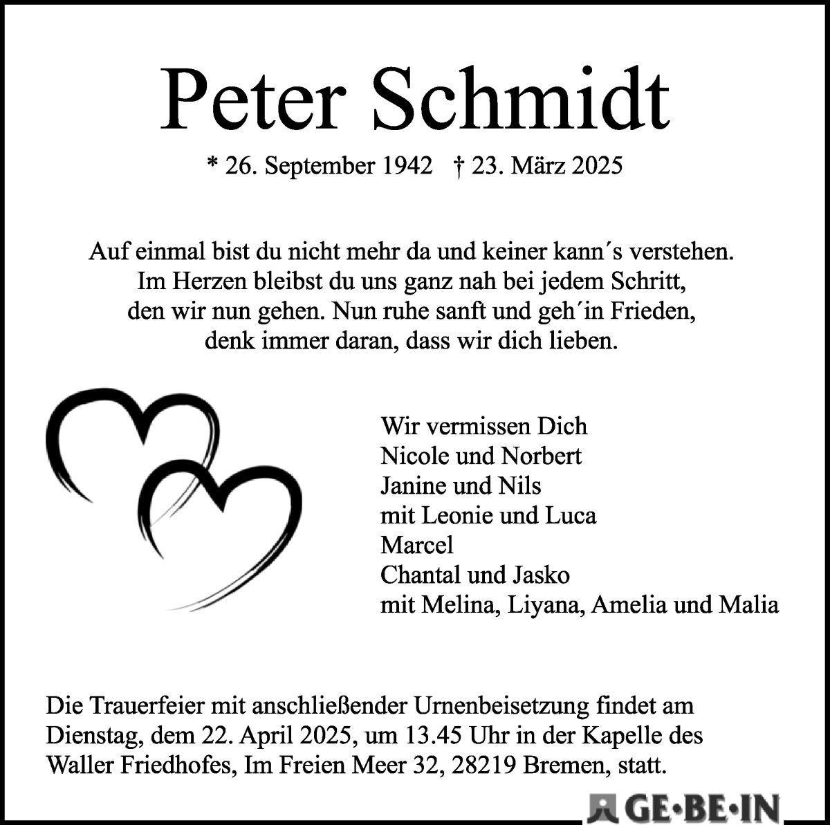 Traueranzeige von Peter Schmidt von WESER-KURIER