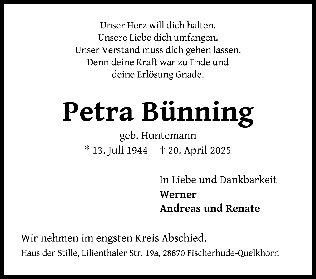 Traueranzeige von Petra Bünning von WESER-KURIER