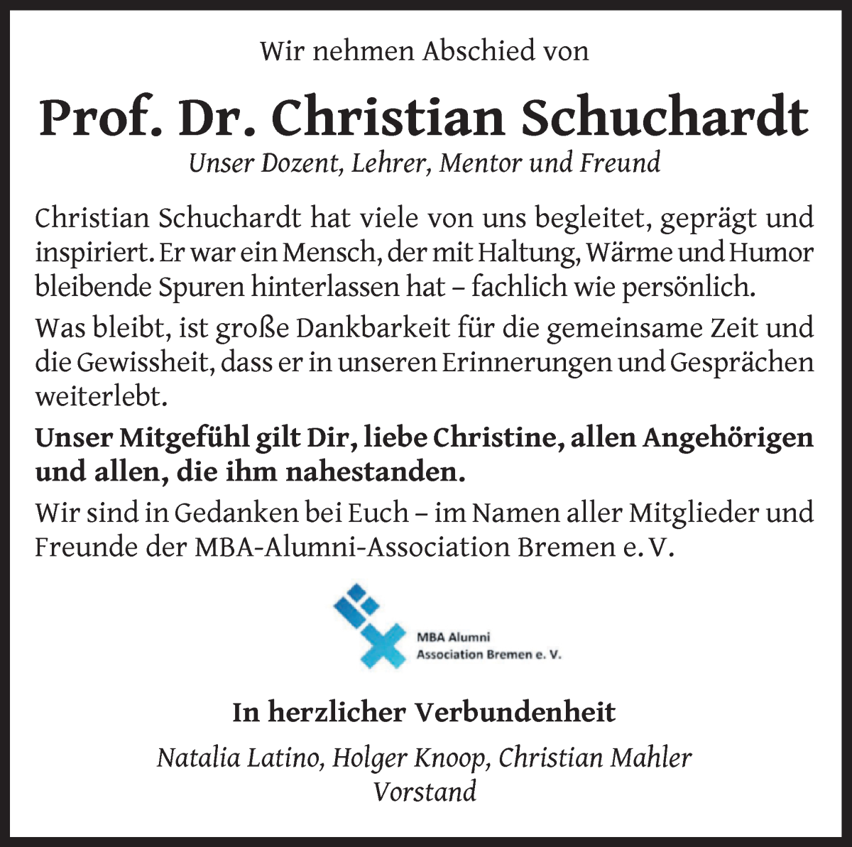 Traueranzeige von Prof. Dr. Christian Schuchardt von WESER-KURIER