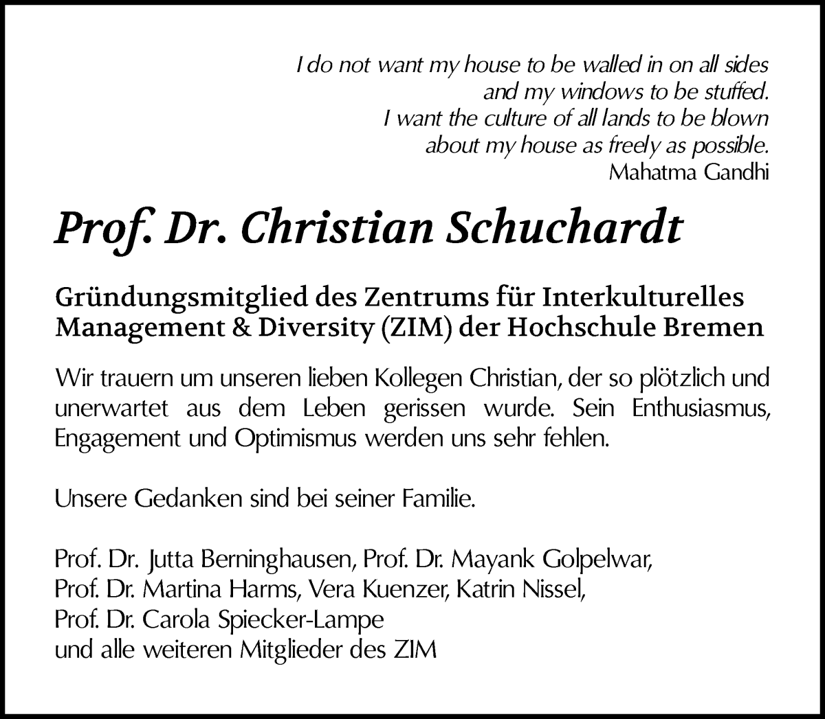 Traueranzeige von Prof. Dr. Christian Schuchardt von WESER-KURIER