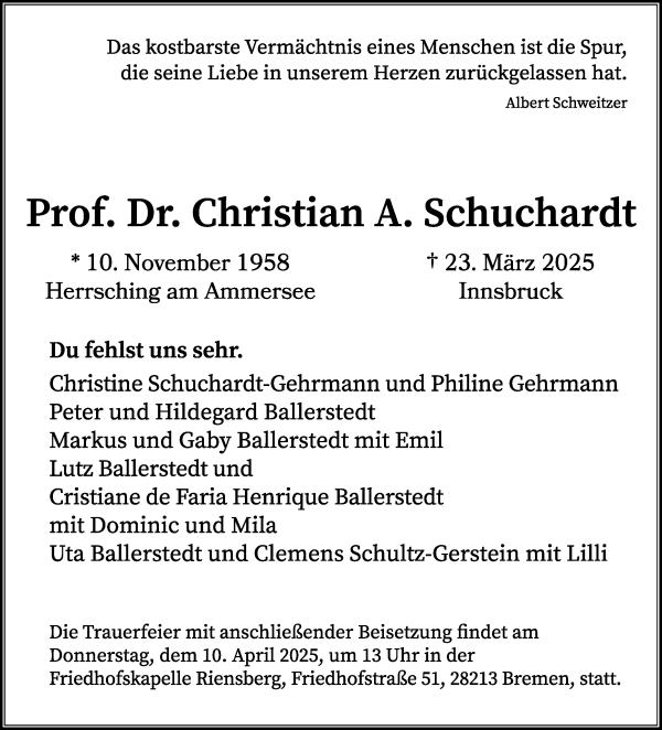 Traueranzeige von Prof. Dr. Christian A. Schuchardt von WESER-KURIER