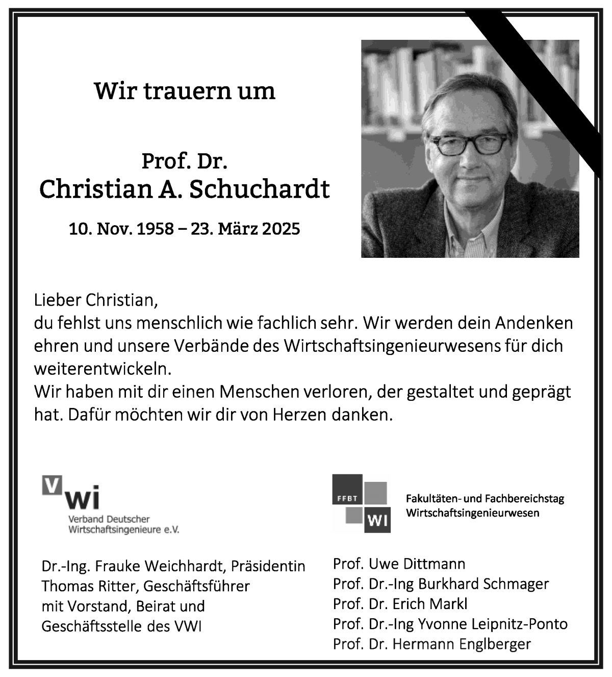 Traueranzeige von Prof. Dr. Christian A. Schuchardt von WESER-KURIER