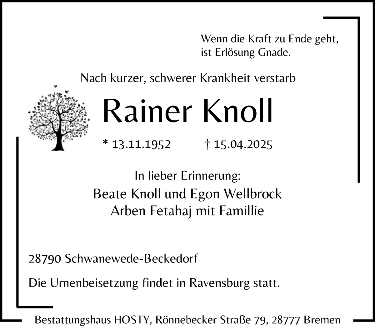 Traueranzeige von Rainer Knoll von Die Norddeutsche
