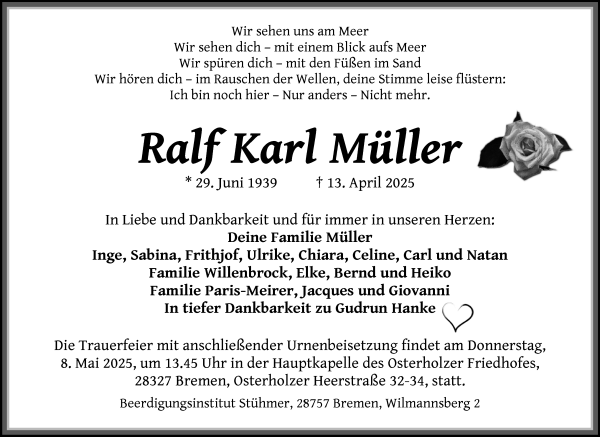 Traueranzeige von Ralf Karl Müller von Die Norddeutsche