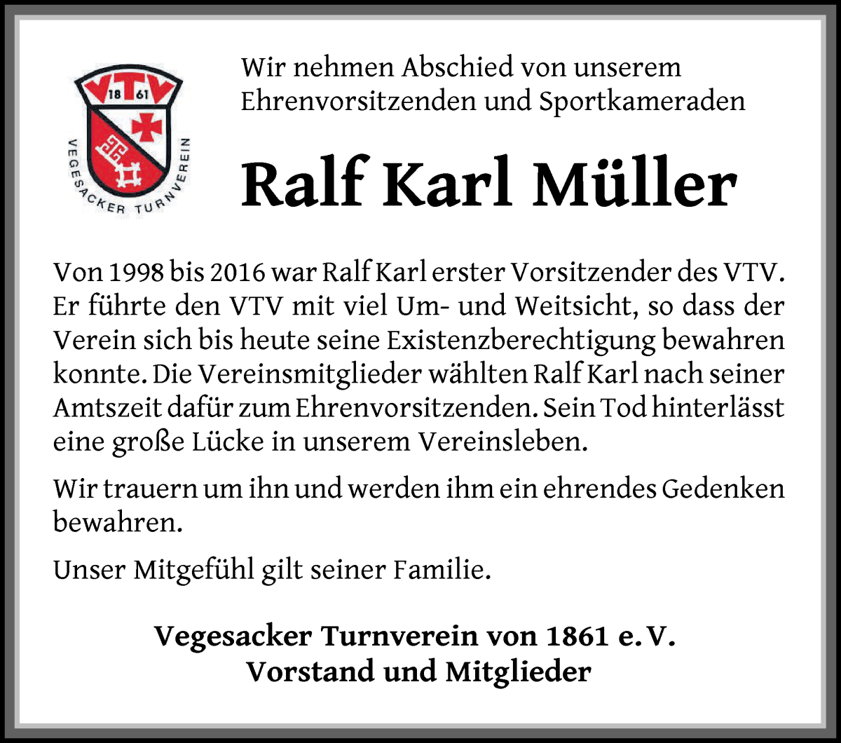 Traueranzeige von Ralf Karl Müller von Die Norddeutsche