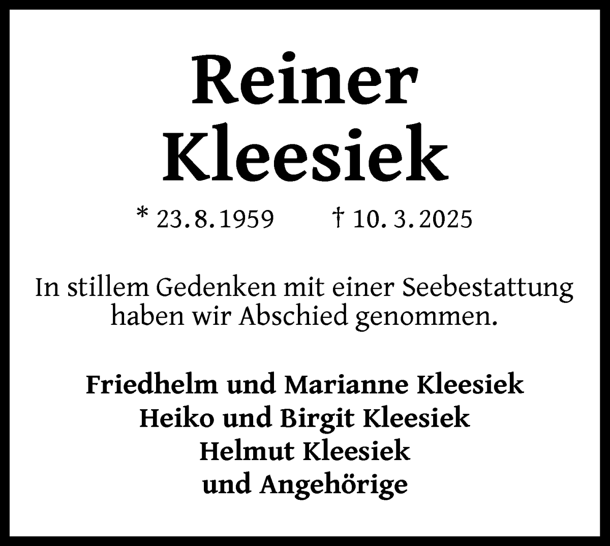 Traueranzeige von Reiner Kleesiek von WESER-KURIER