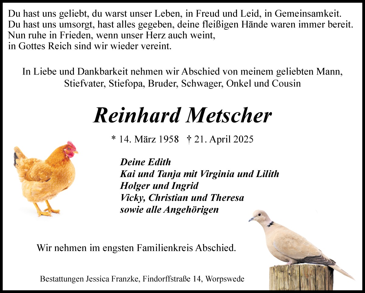 Traueranzeige von Reinhard Metscher von Wuemme Zeitung