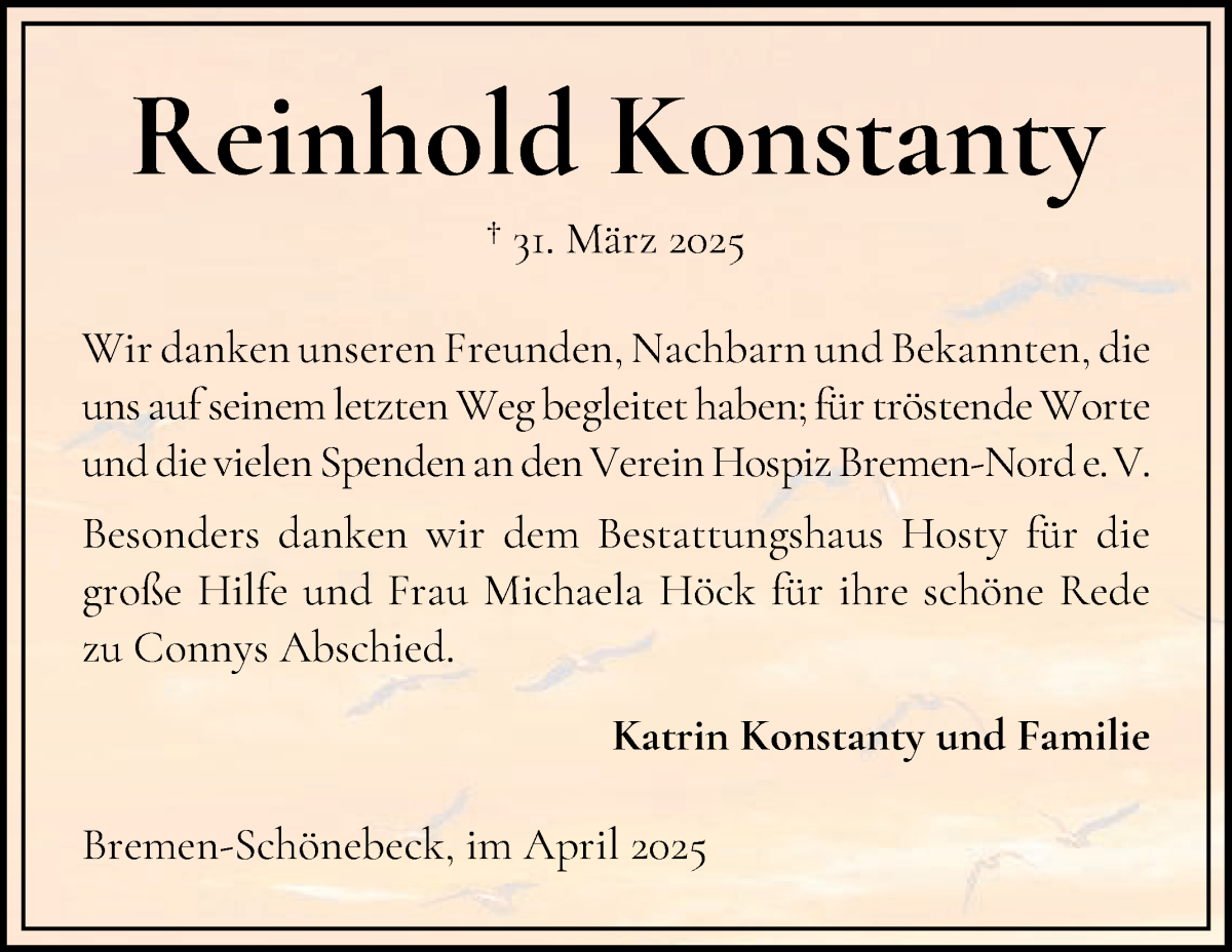 Traueranzeige von Reinhold Conny Konstanty von Die Norddeutsche