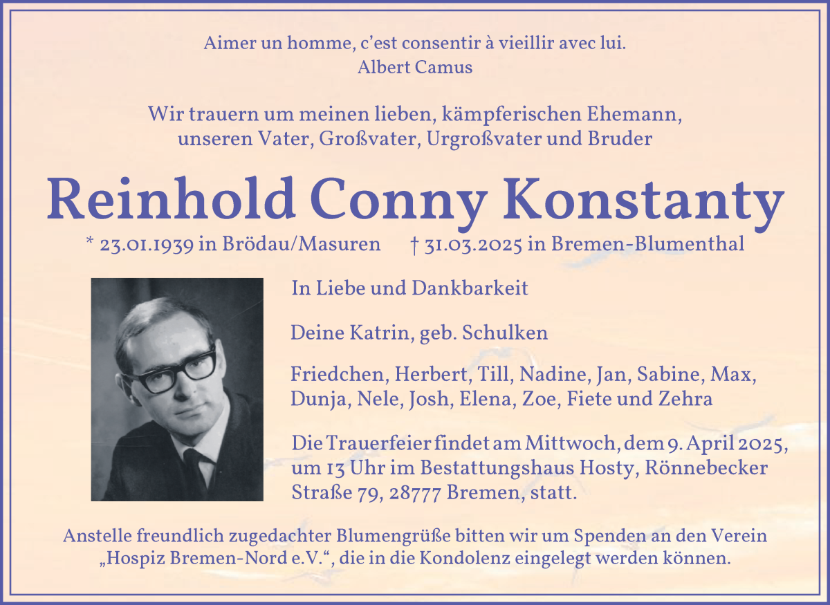 Traueranzeige von Reinhold Conny Konstanty von Die Norddeutsche