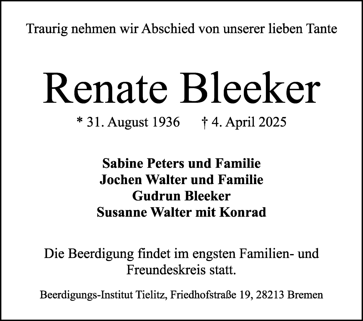 Traueranzeige von Renate Bleeker von WESER-KURIER