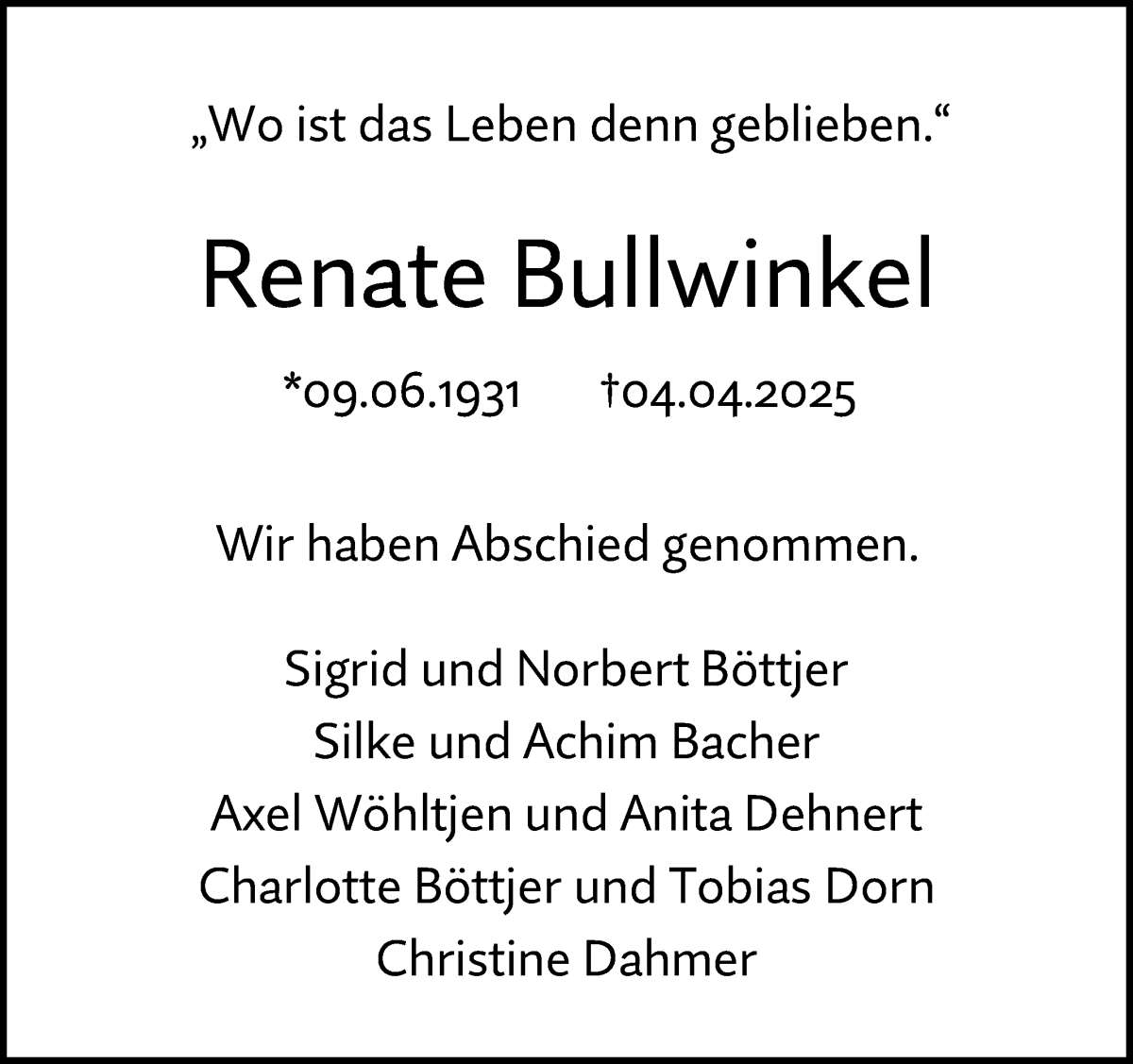 Traueranzeige von Renate Bullwinkel von WESER-KURIER
