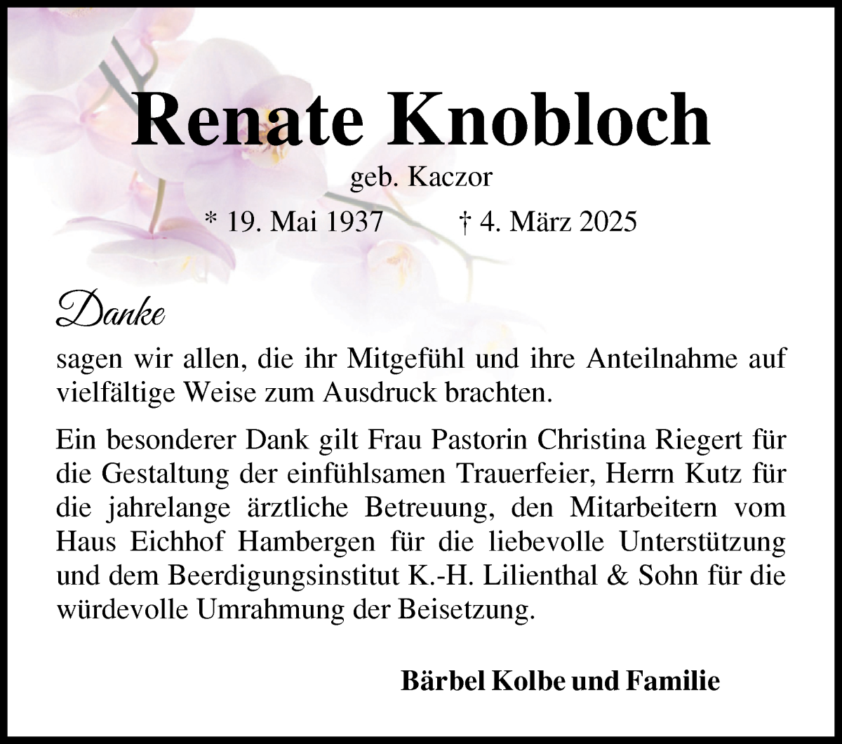 Traueranzeige von Renate Knobloch von Osterholzer Kreisblatt
