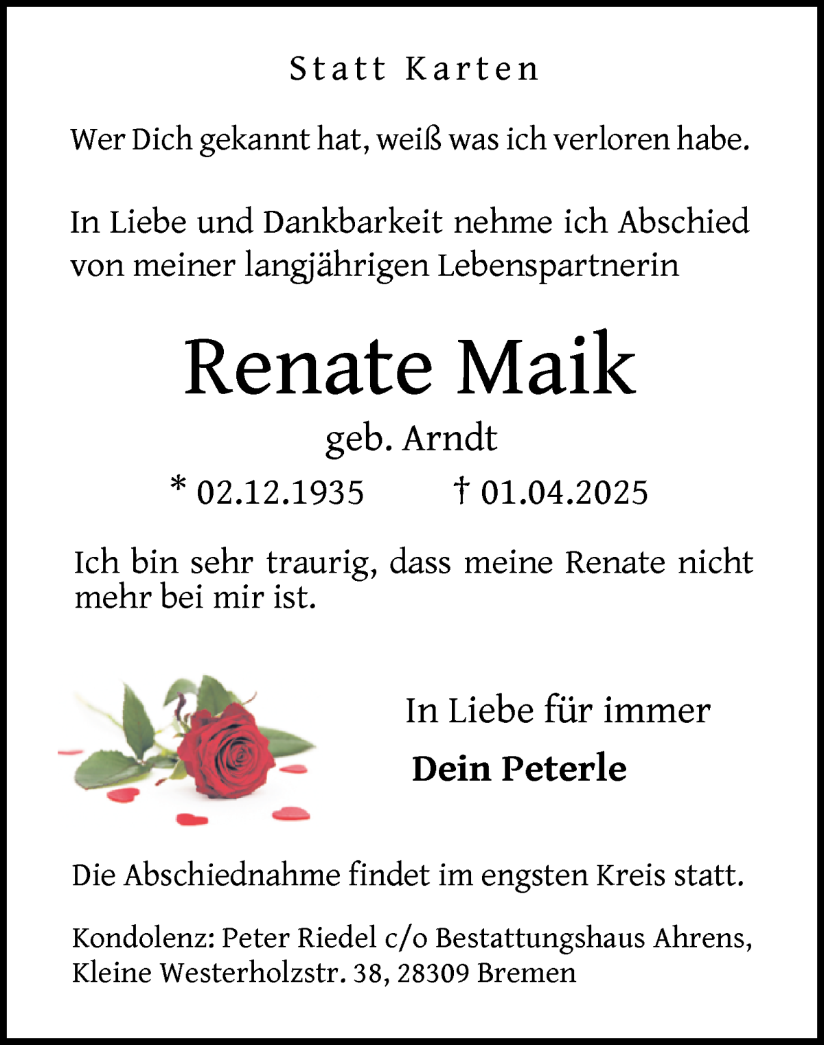 Traueranzeige von Renate Maik von WESER-KURIER
