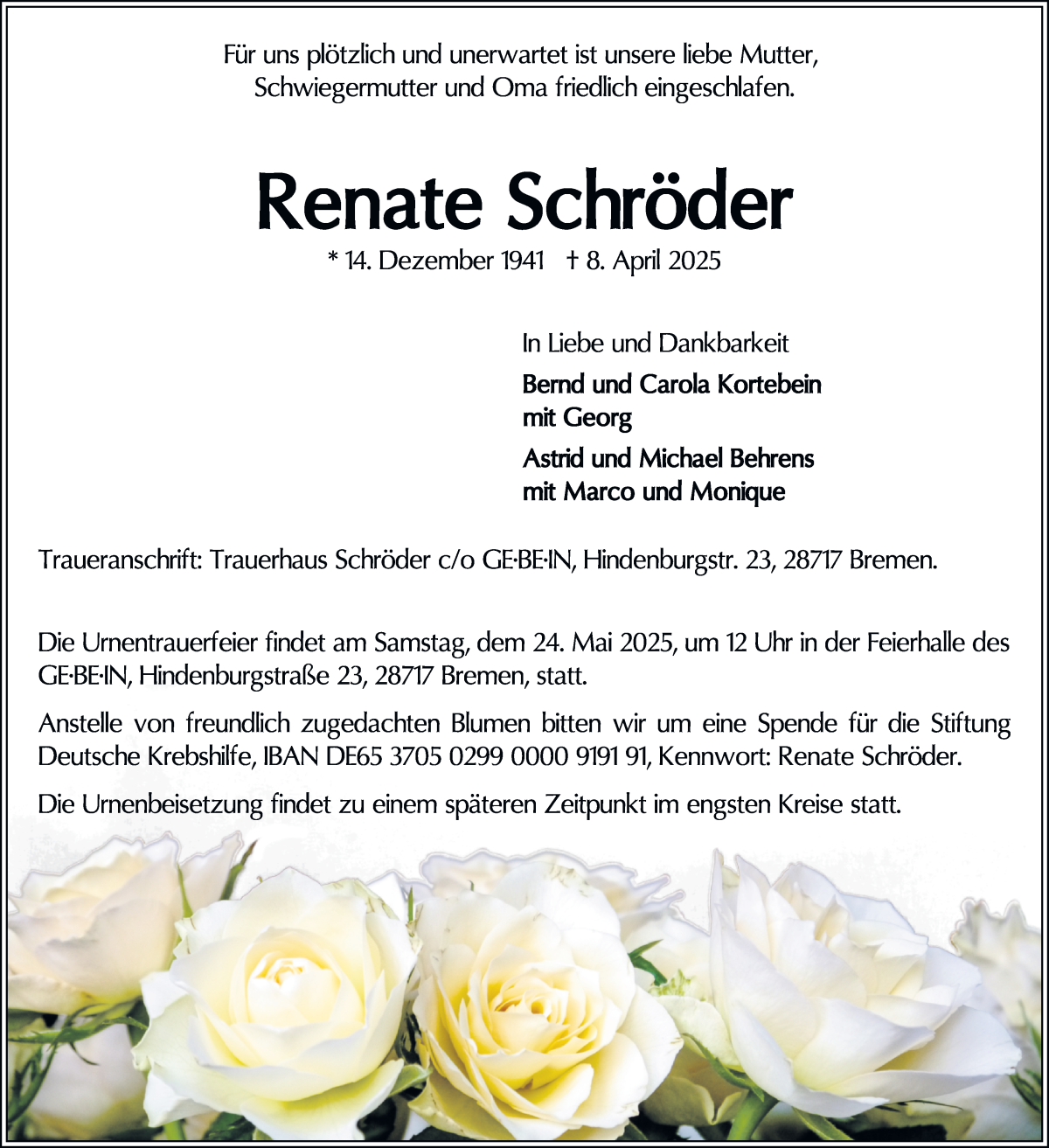 Traueranzeige von Renate Schröder von Die Norddeutsche
