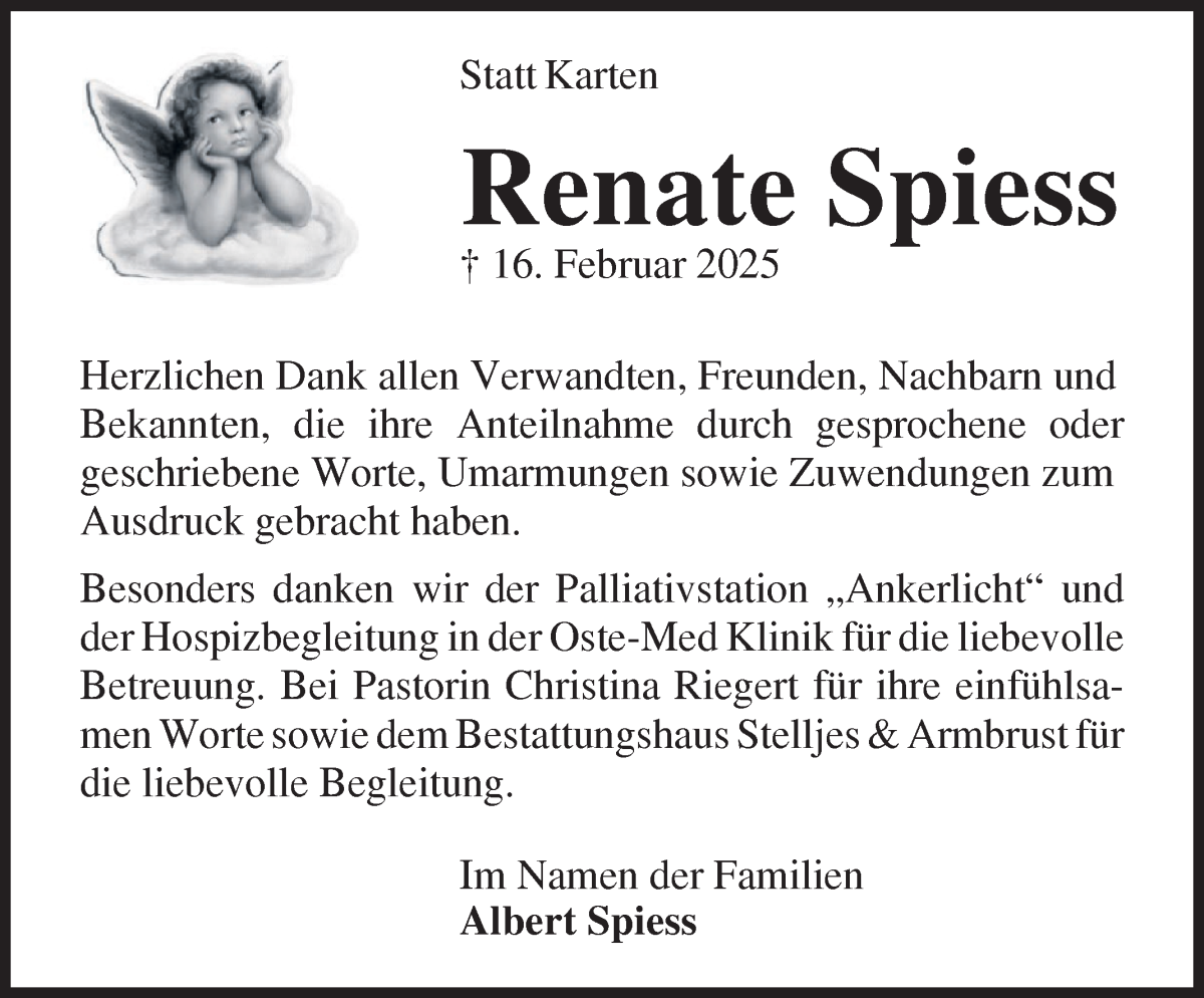 Traueranzeige von Renate Spiess von Osterholzer Kreisblatt