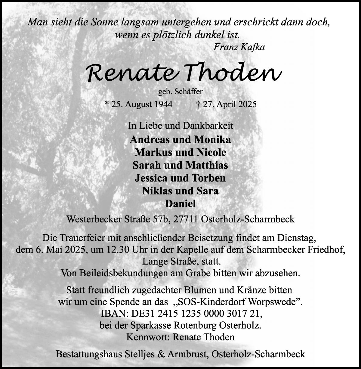 Traueranzeige von Renate Thoden von Osterholzer Kreisblatt