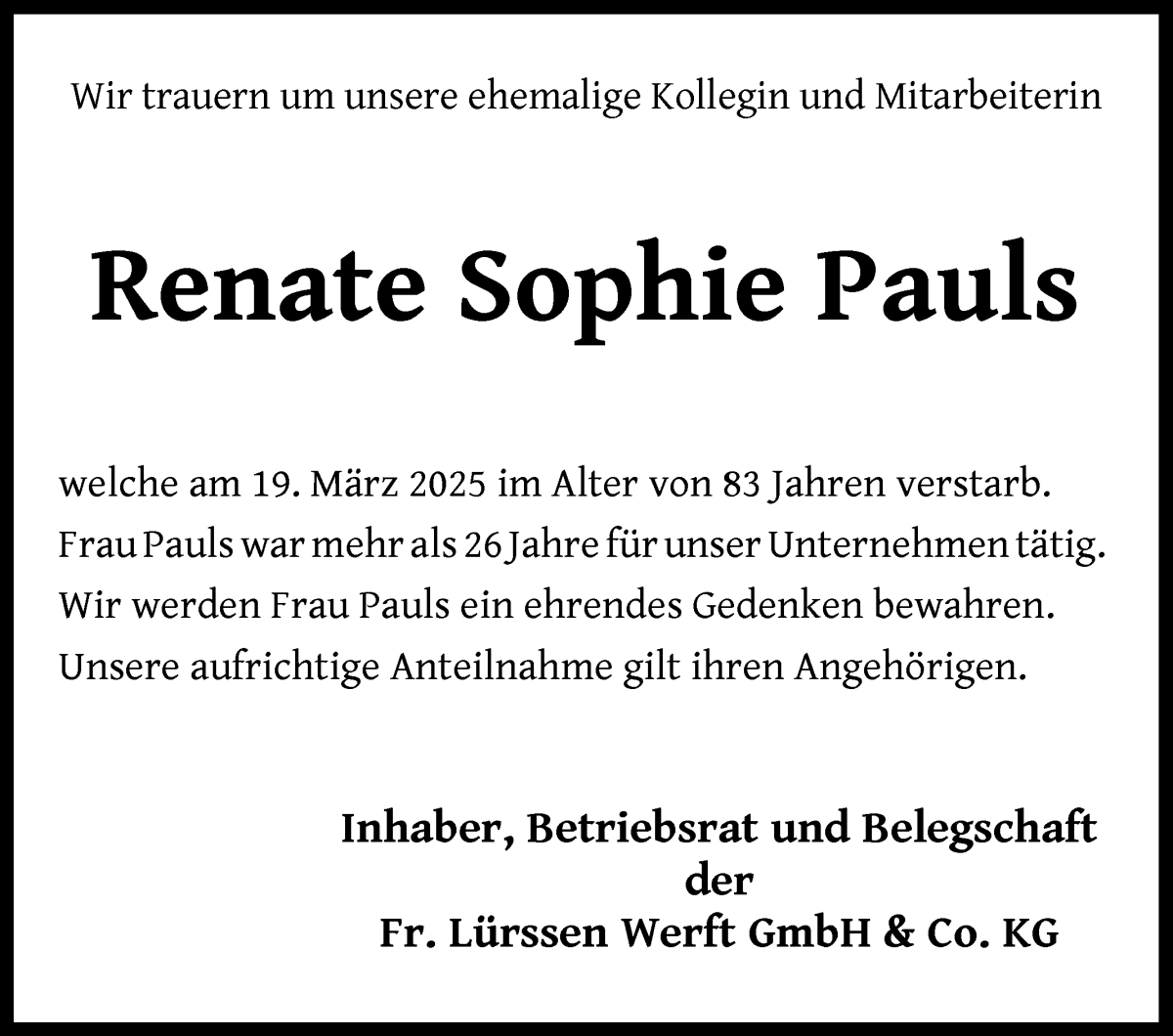 Traueranzeige von Renate Sophie Pauls von Die Norddeutsche