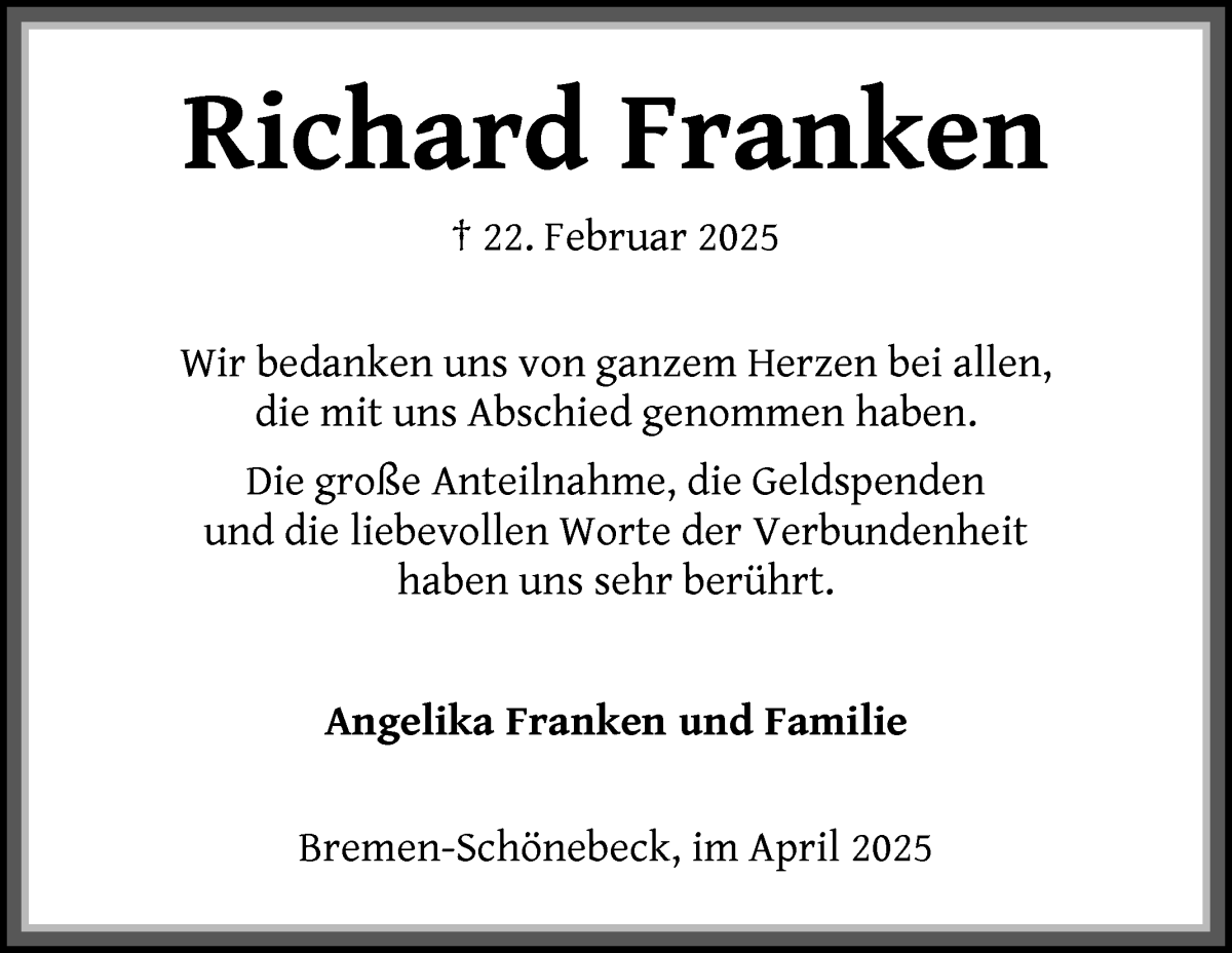 Traueranzeige von Richard Franken von Die Norddeutsche