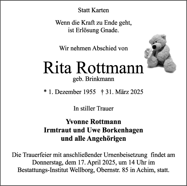 Traueranzeige von Rita Rottmann von Regionale Rundschau/Syker Kurier