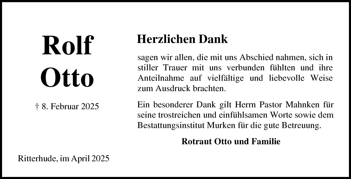 Traueranzeige von Rolf Otto von Osterholzer Kreisblatt