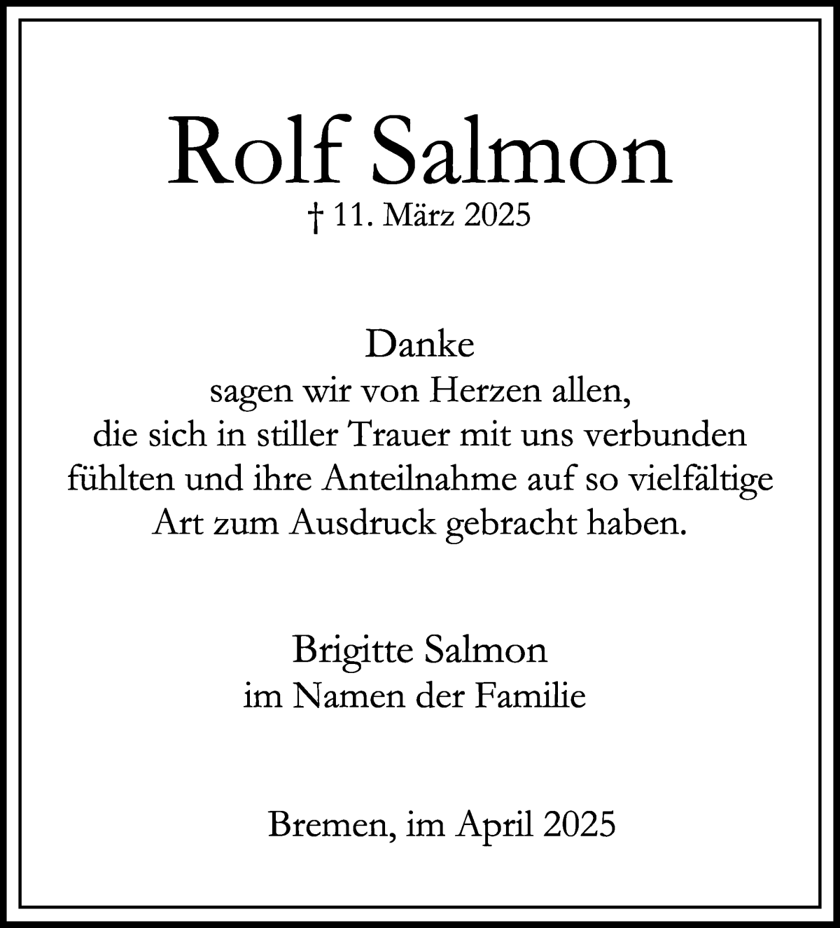 Traueranzeige von Rolf Salmon von WESER-KURIER