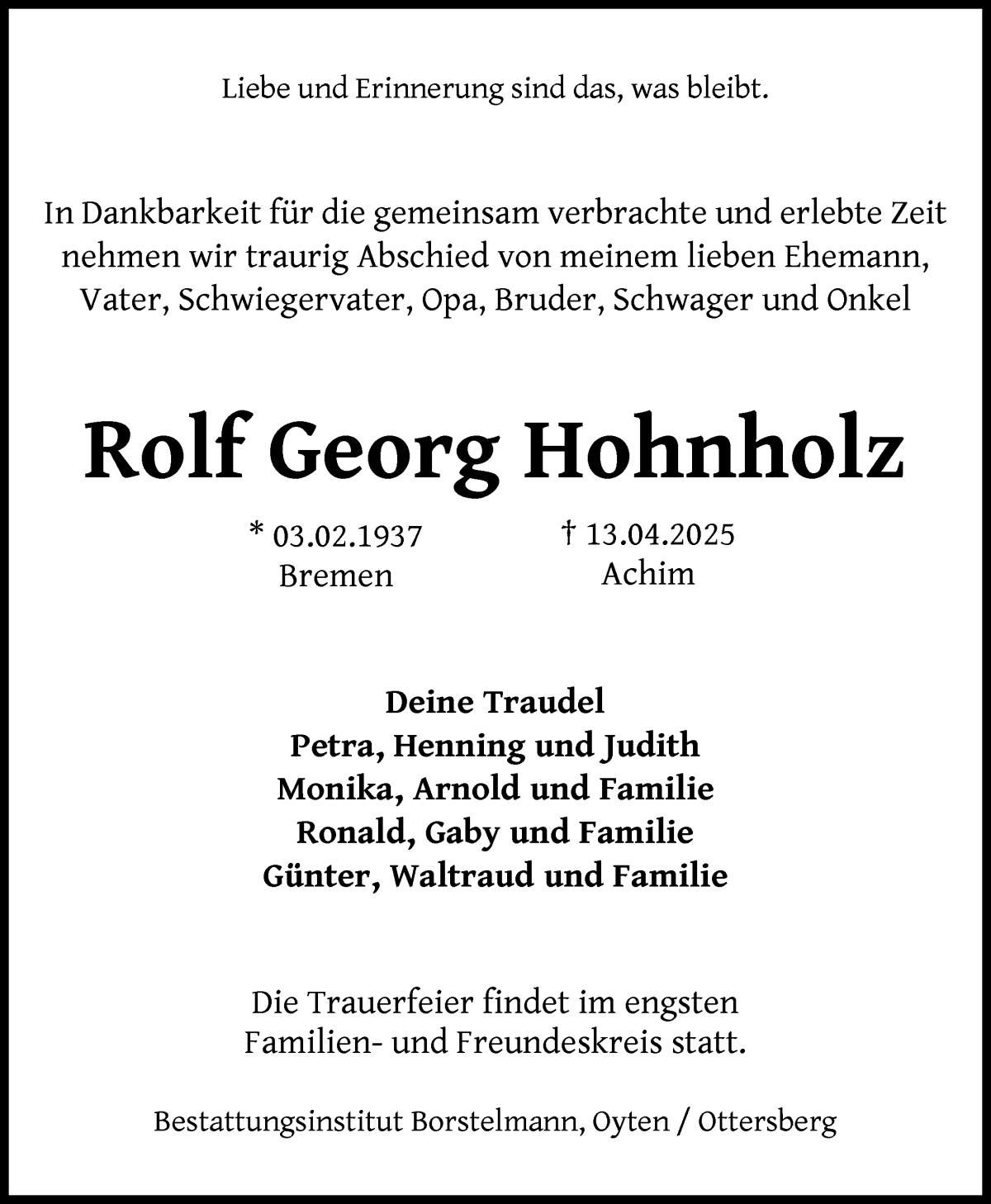 Traueranzeige von Rolf Georg Hohnholz von WESER-KURIER