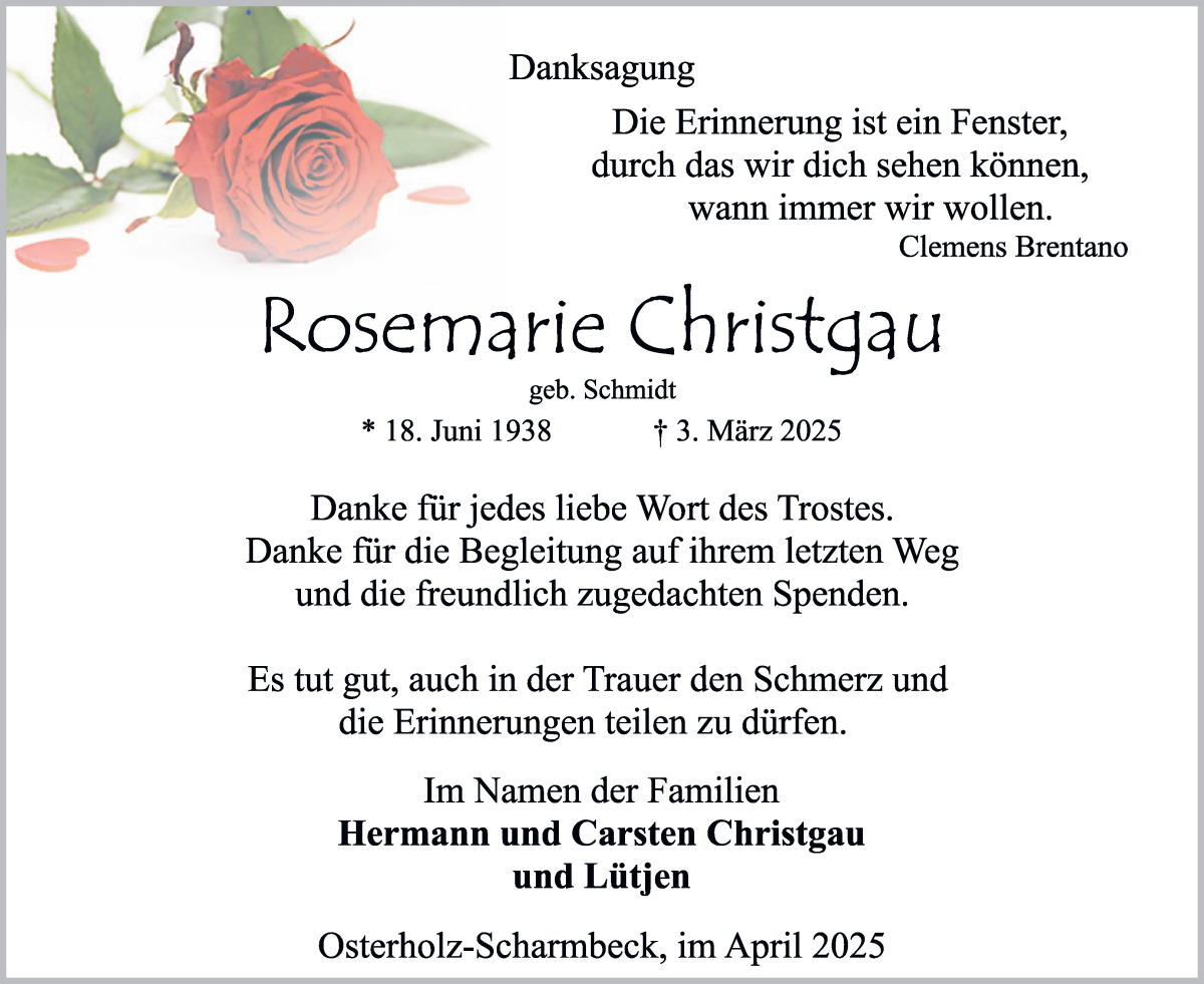 Traueranzeige von Rosemarie Christgau von Osterholzer Kreisblatt