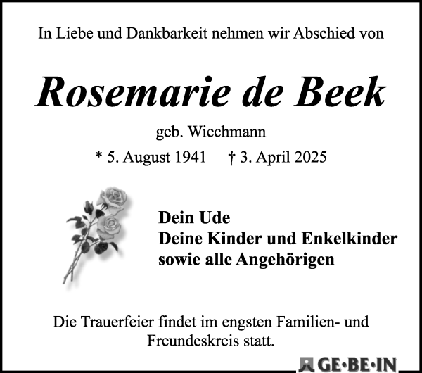 Traueranzeige von Rosemarie de Beek von WESER-KURIER